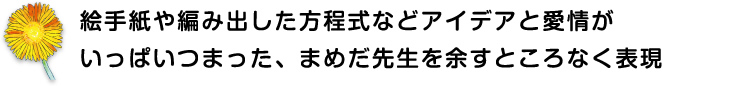 絵手紙や編み出した方程式などアイデアと愛情がいっぱいつまった、まめだ先生を余すところなく表現